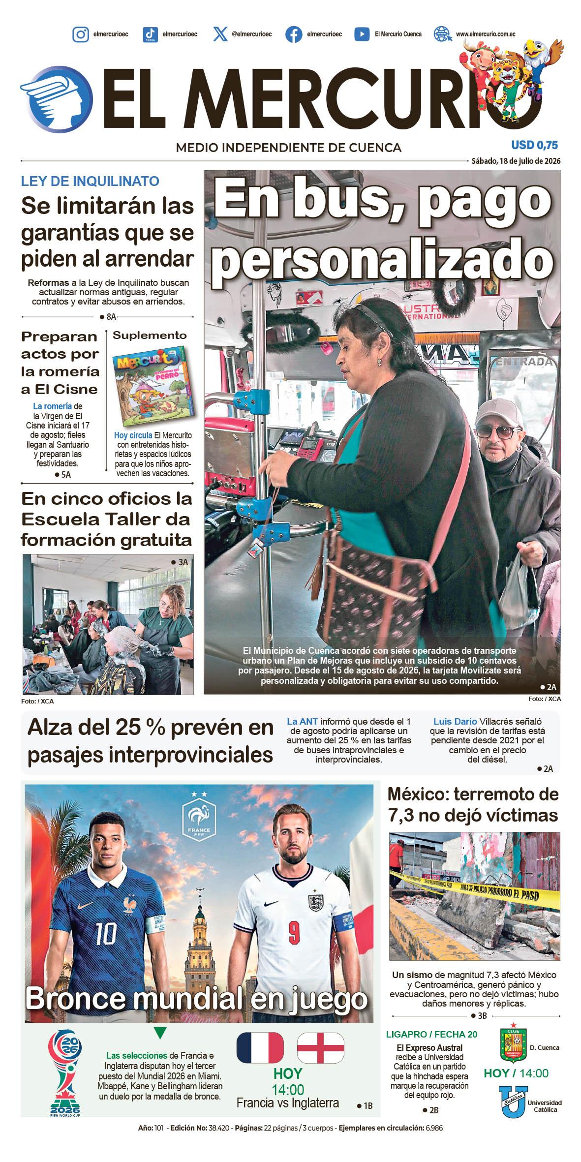 Portada diario El Mercurio 18 de julio de 2026 featuring Deportivo Cuenca